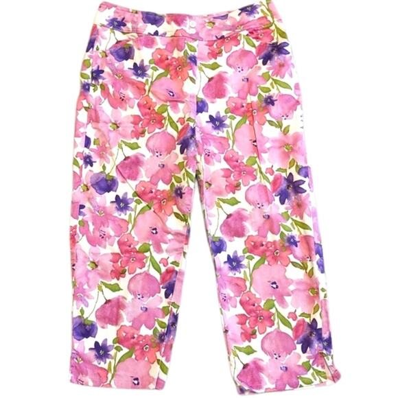 BILL BLASS Pink Purple Floral Capris Size 8 - Picture 1 of 9